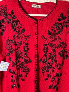 Vintage Tiara Red Embroidered Beaded Cardigan Sweater